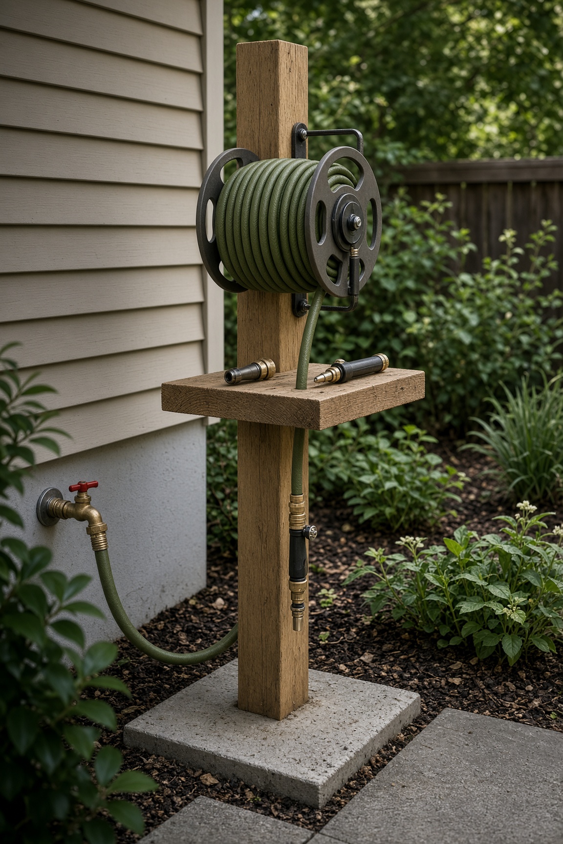 A wooden post with a wall-mounted hose reel, small shelf, and hose connected to a house bib