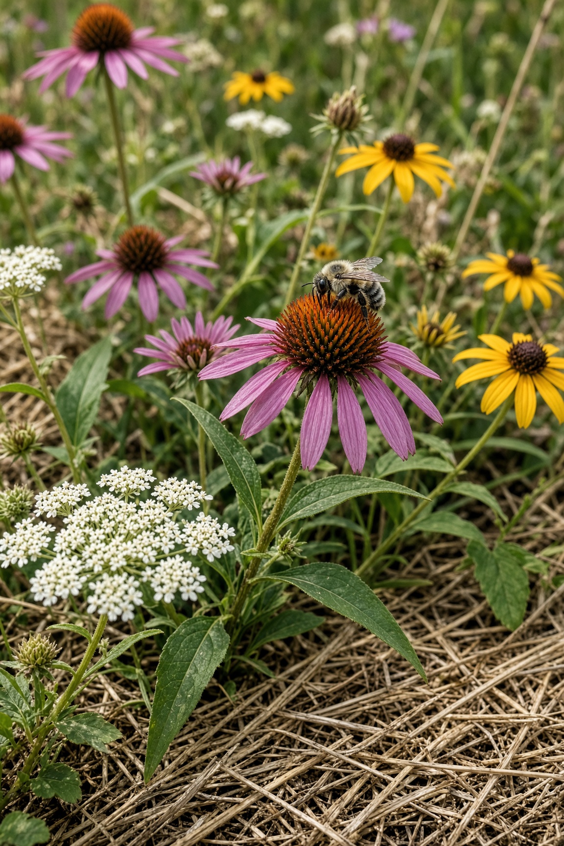 A bee on a purple coneflower in a pollinator meadow