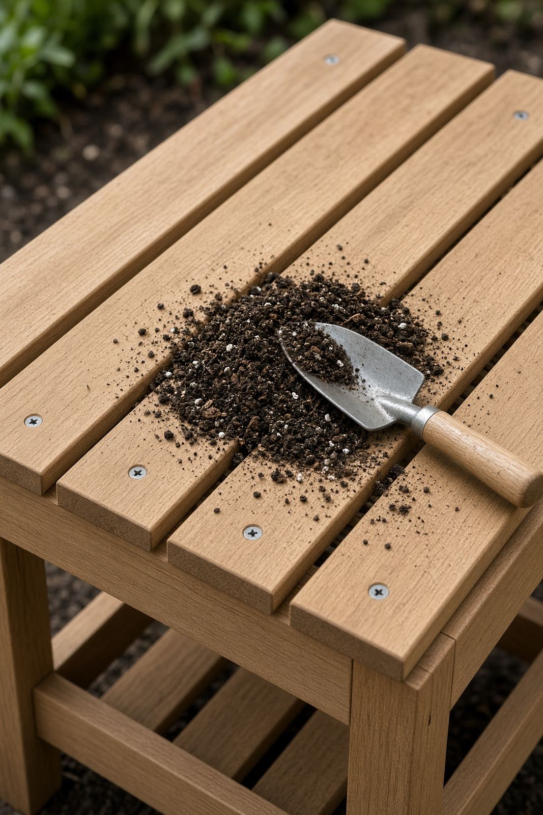 Close-up of a wooden potting bench top with soil and a small trowel on the slats