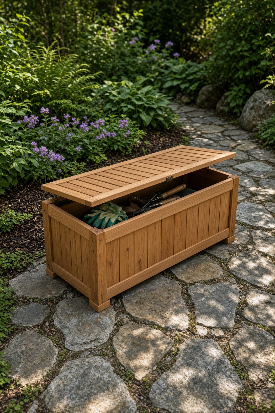 Wooden garden storage bench with slatted lid partly open, sitting on a stone path among greenery