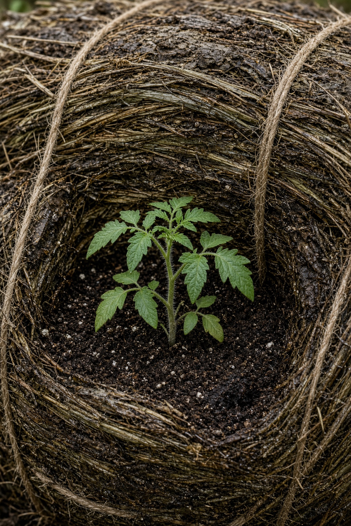 Wide view of a tomato seedling growing in a straw bale wrapped with twine