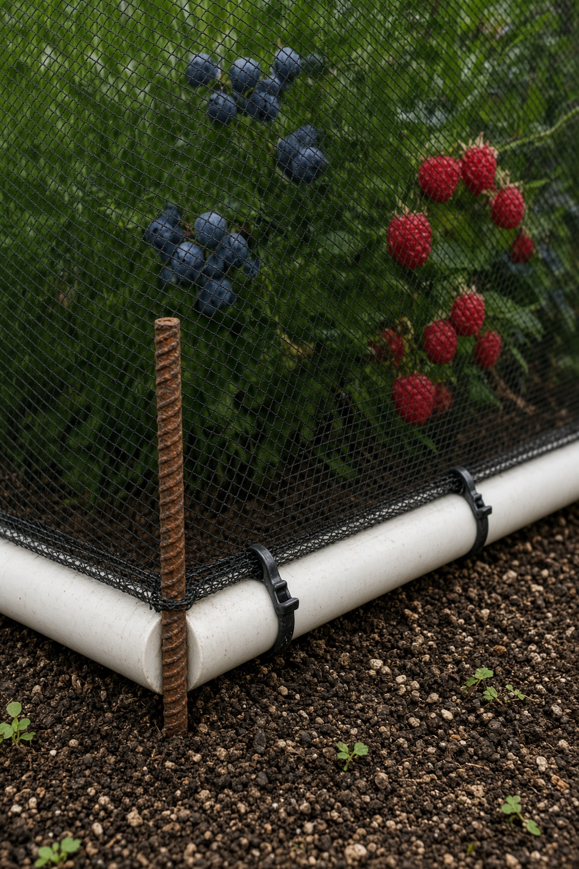 Close-up of a PVC frame corner held by a rebar stake with netting clipped to the base