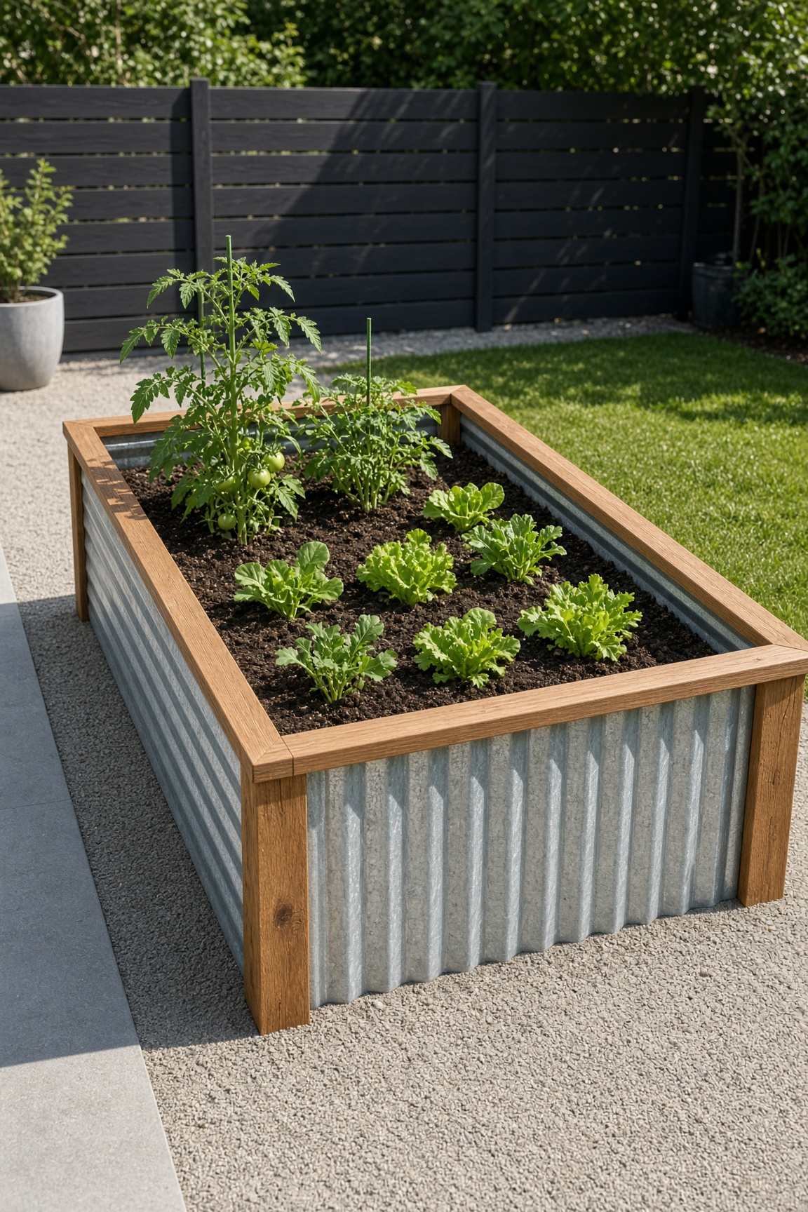 Corrugated metal raised bed growing tomatoes and lettuce in a backyard
