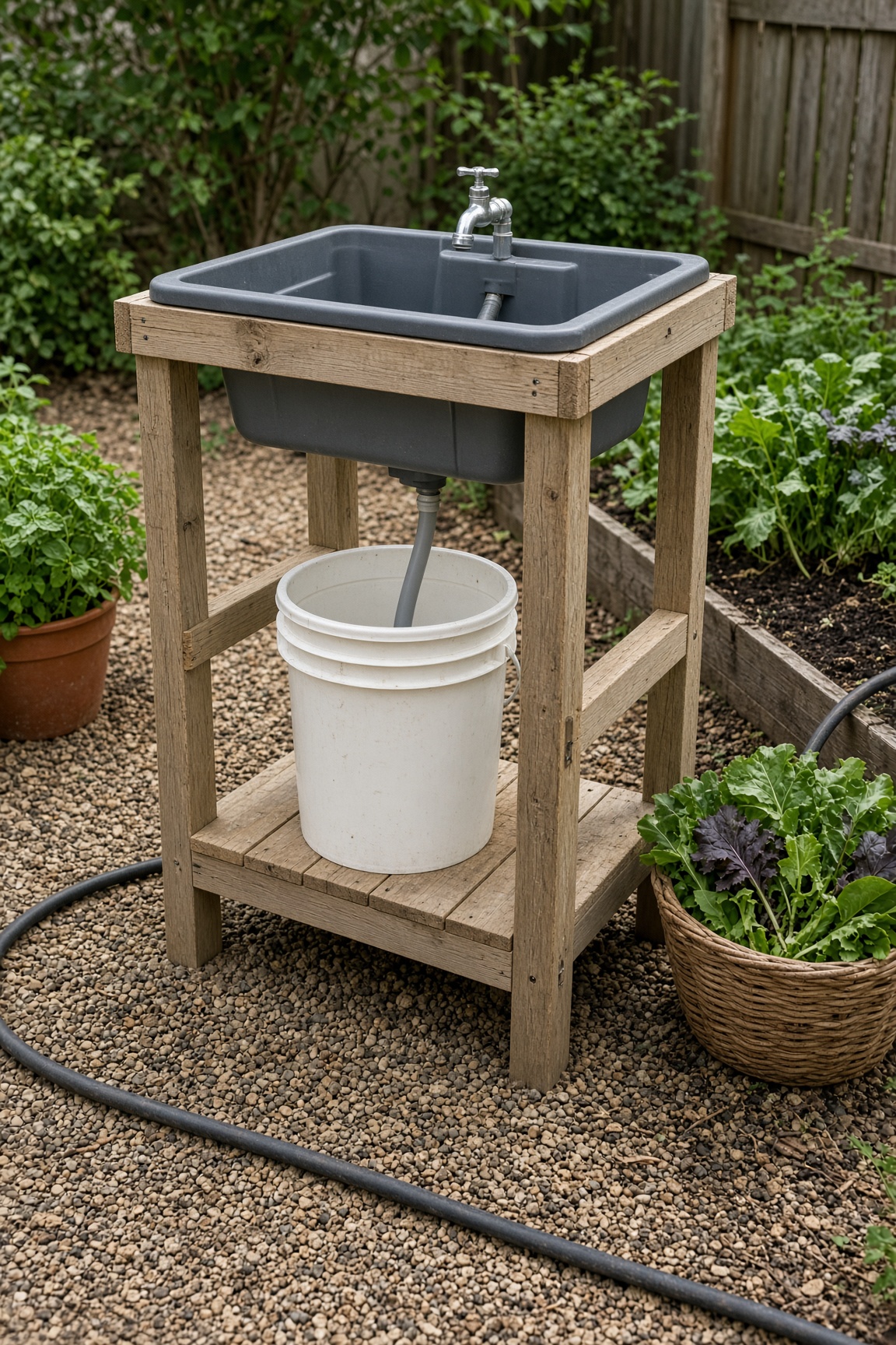 An outdoor garden sink on a gravel patio with raised beds nearby and a bucket below the drain
