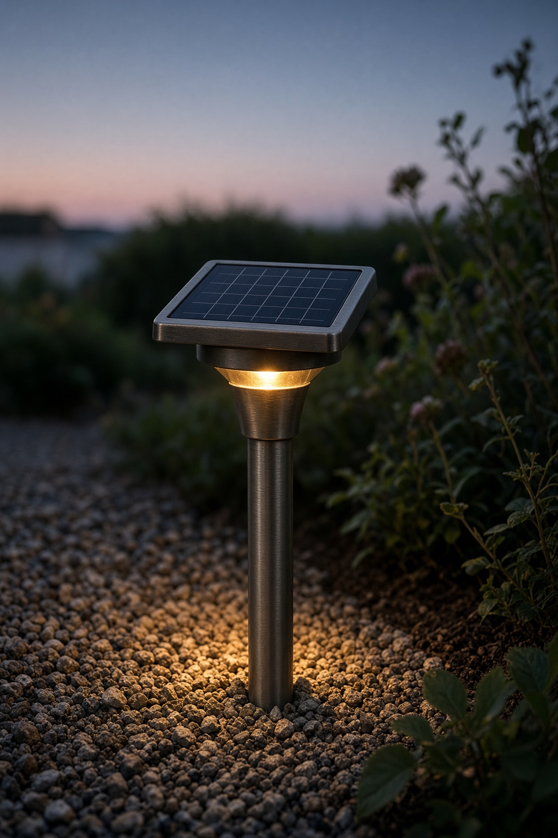 Close-up of a modern solar stake light glowing at twilight