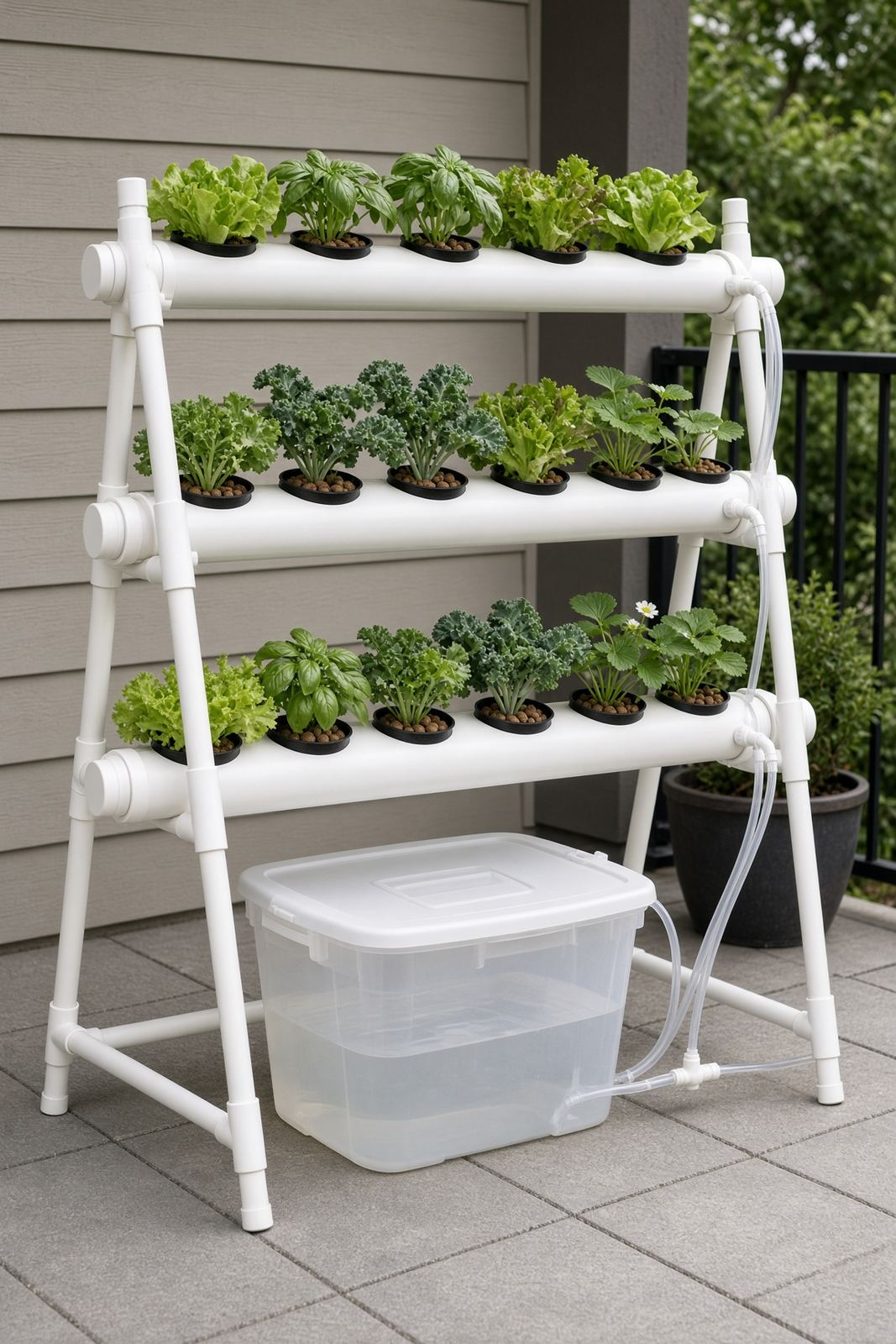 Three-tier PVC NFT channel system on a patio growing lettuce, basil, kale and strawberries, with a reservoir tote under the frame