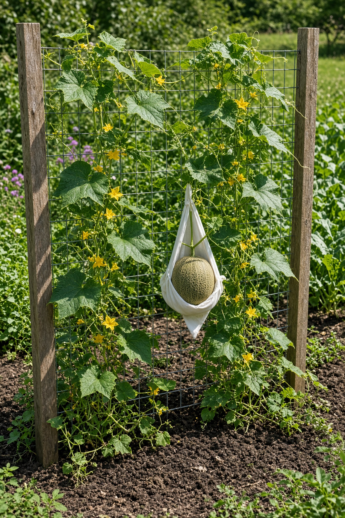 Cucumber vines climbing a flat wire trellis with a melon cradled in a white fabric sling