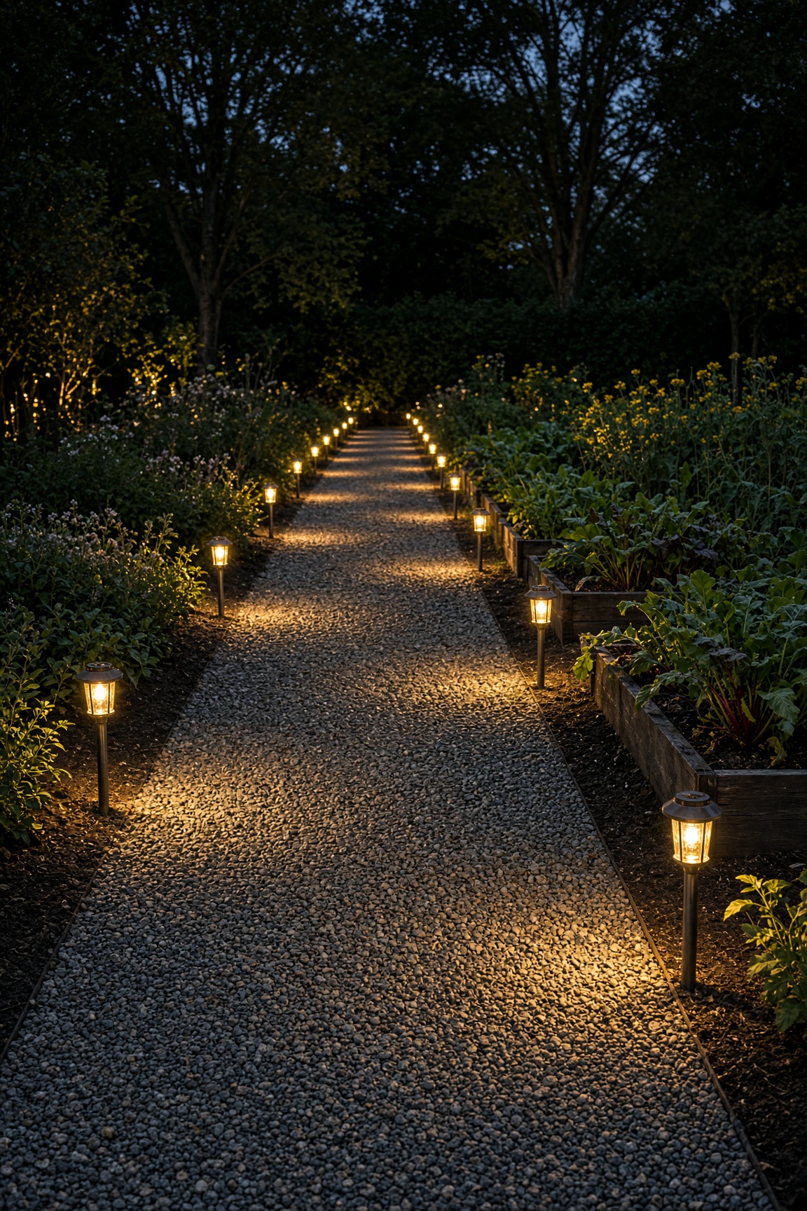 A gravel garden path at dusk lined with warm solar stake lights between raised beds