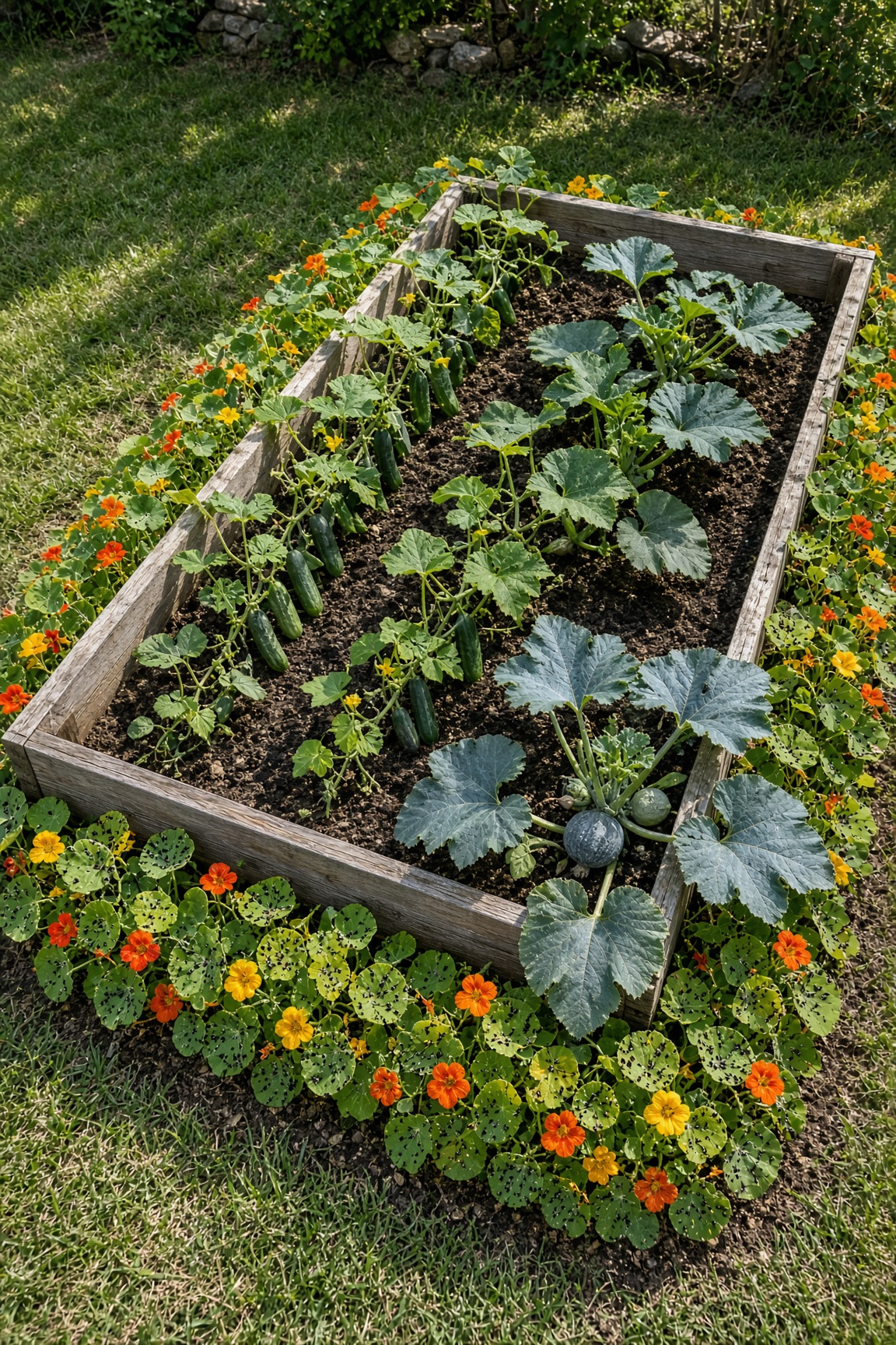 Raised bed edged with nasturtiums and squash as a trap crop