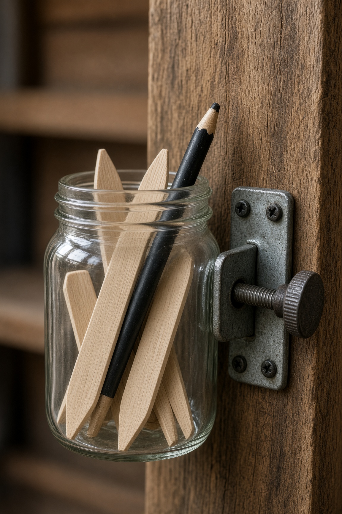 Close-up of a mason jar clamped to a wooden backboard, holding wooden markers and a pencil