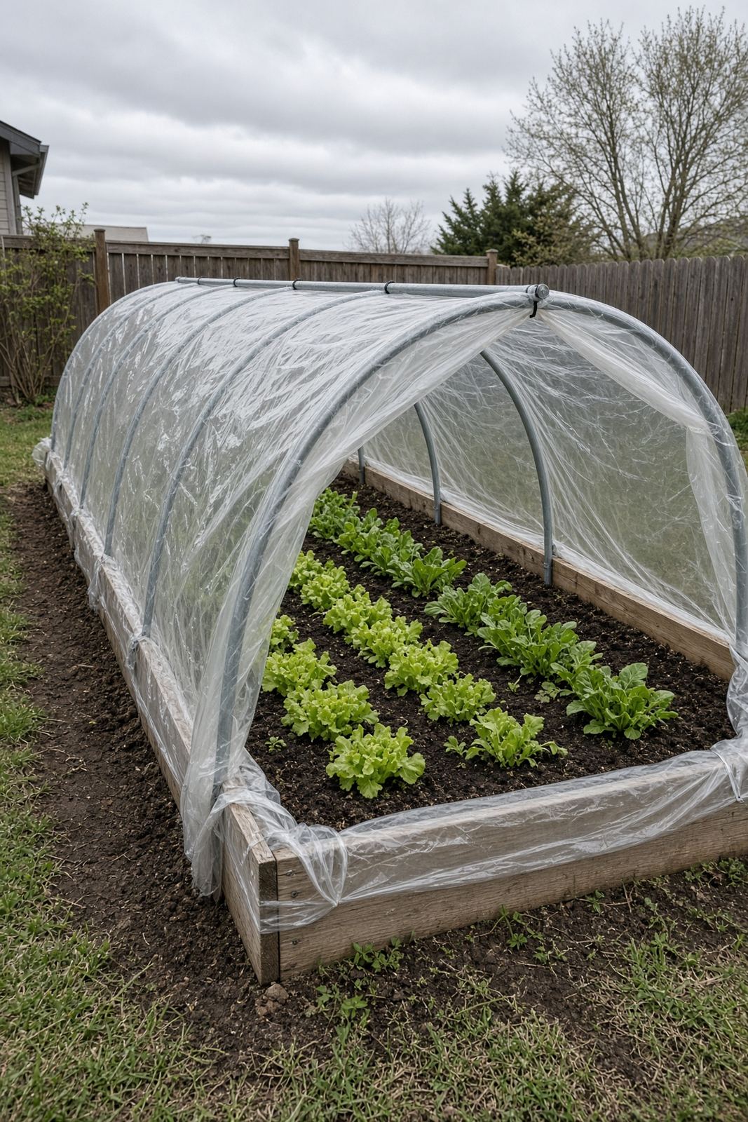 EMT conduit hoop house covering a raised bed with lettuce greens inside