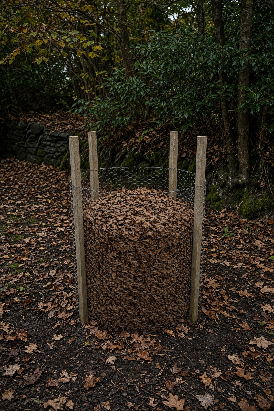 A leaf mold bin made of chicken wire held by wooden stakes in a wooded area