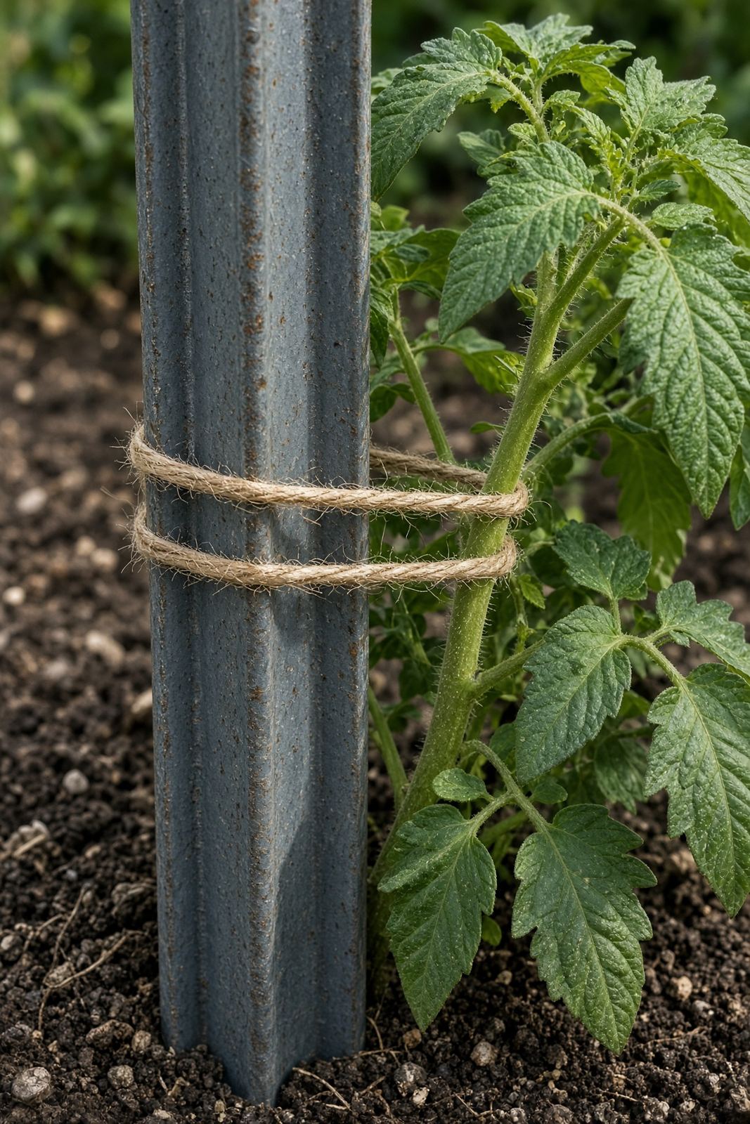 Tomato stem tied with twine to a metal T-post in a Florida weave