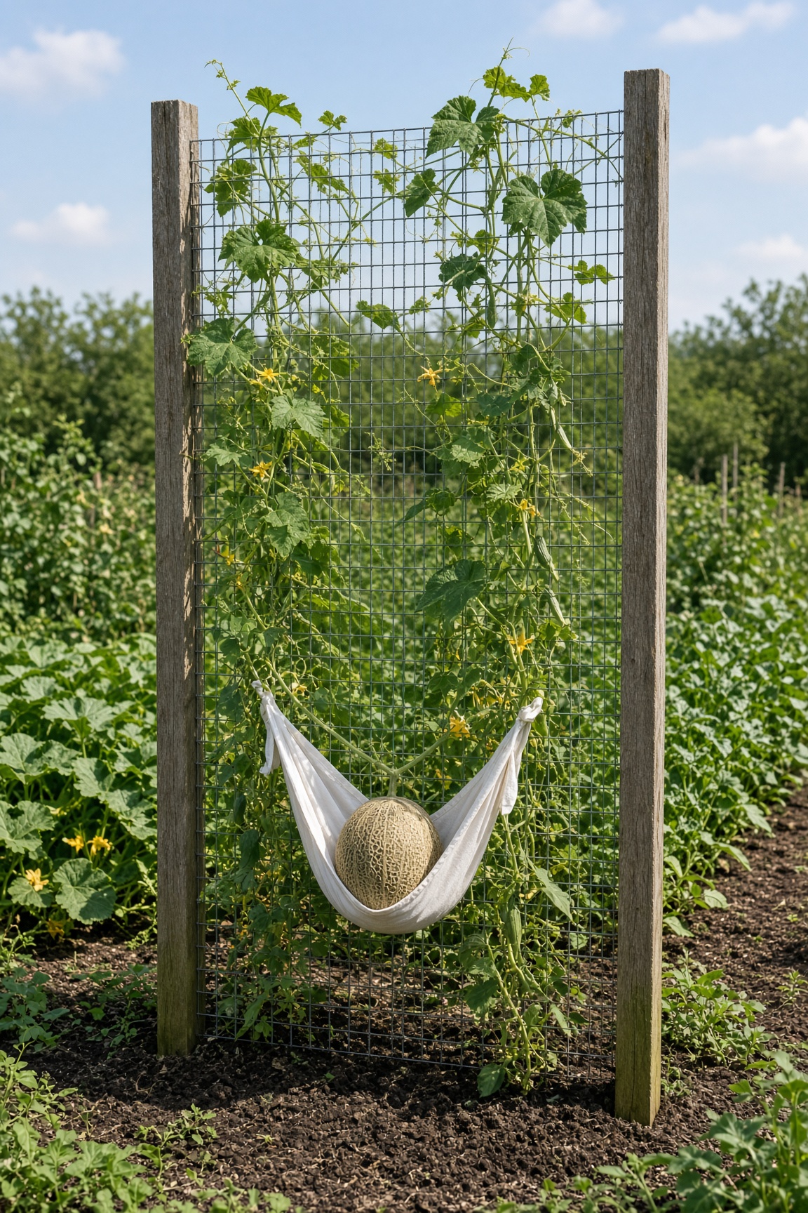 Melon hammock trellis in a garden row with a fabric sling holding a developing fruit