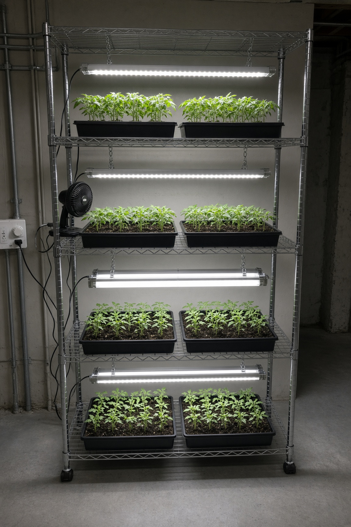 A four-tier wire seed-starting rack with LED shop lights and seedling trays on each shelf