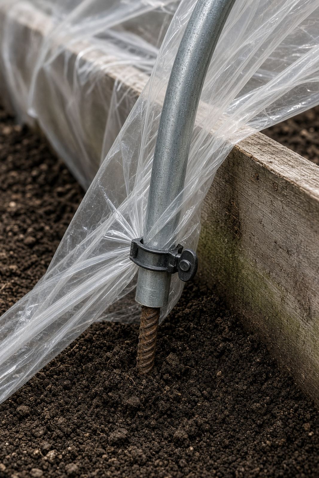 Close-up of a hoop base clamped to a rebar stake beside a wooden bed frame