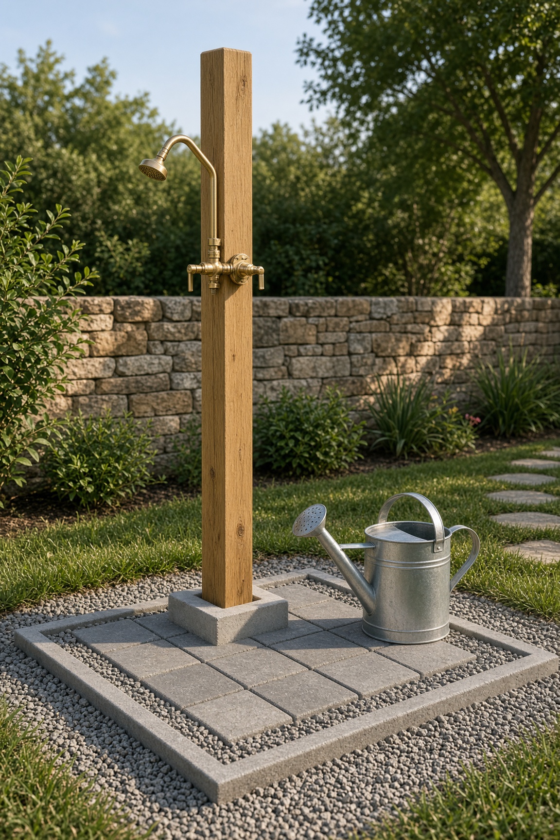 A wooden 4×4 post with a brass shower fixture and a paver pad in a garden setting