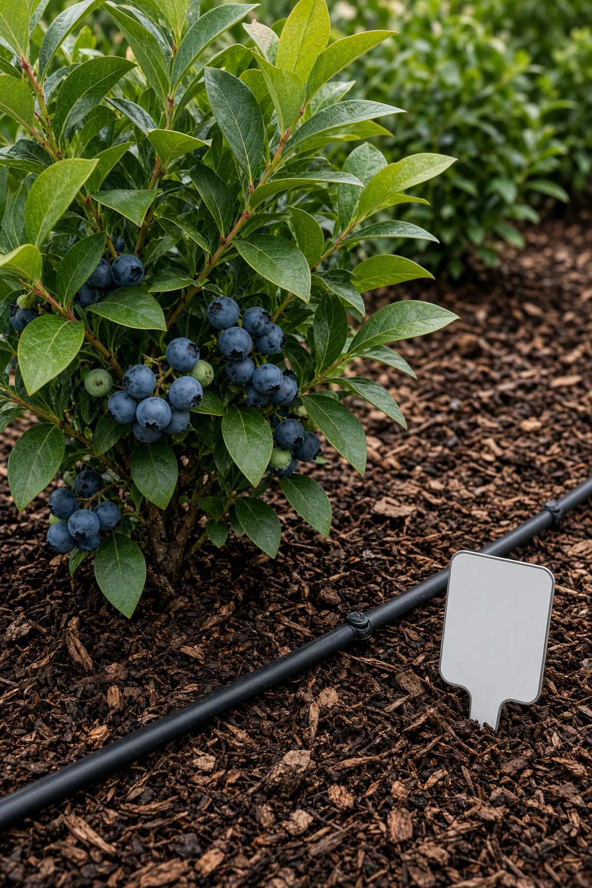 A blueberry shrub loaded with ripe fruit next to a drip irrigation line and blank plant marker