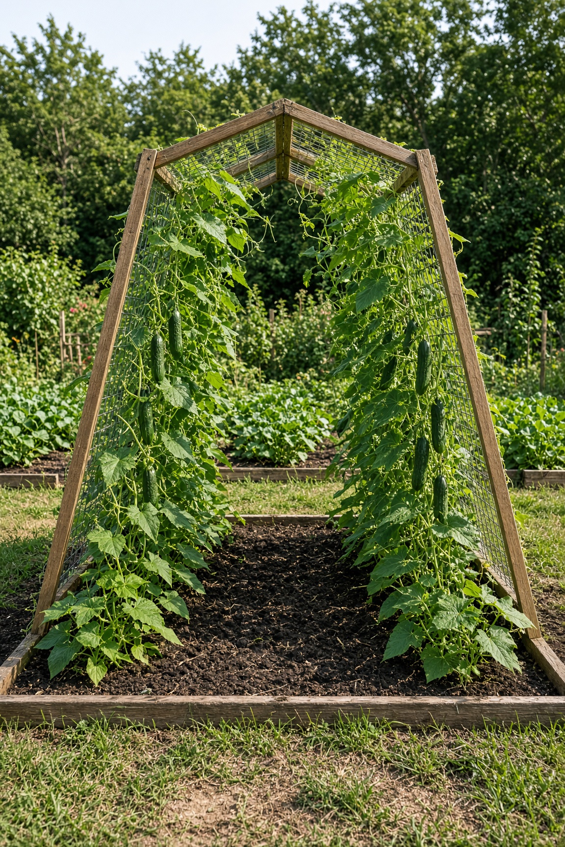 A wide view of an A-frame cucumber trellis spanning a raised bed with plants on both sides