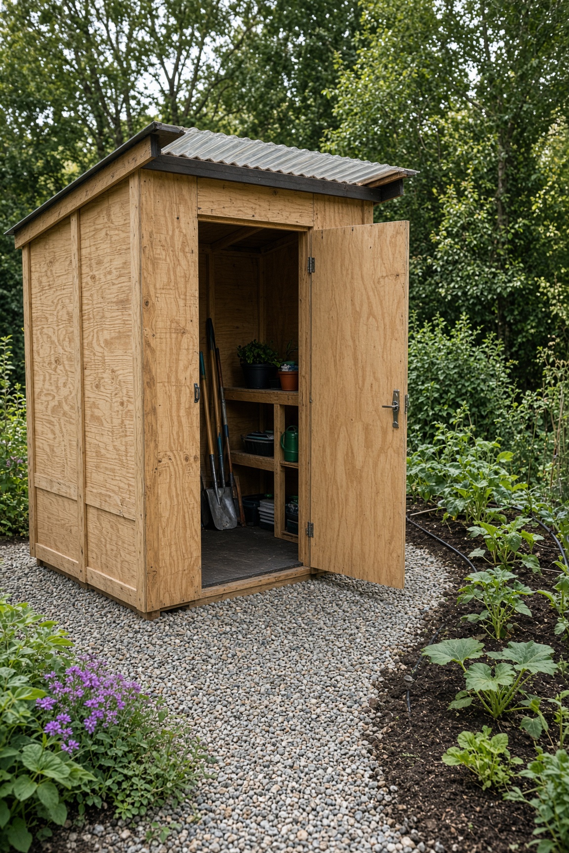 A small wooden potting shed with an open door showing shelves, pots, and tools inside, on a gravel pad