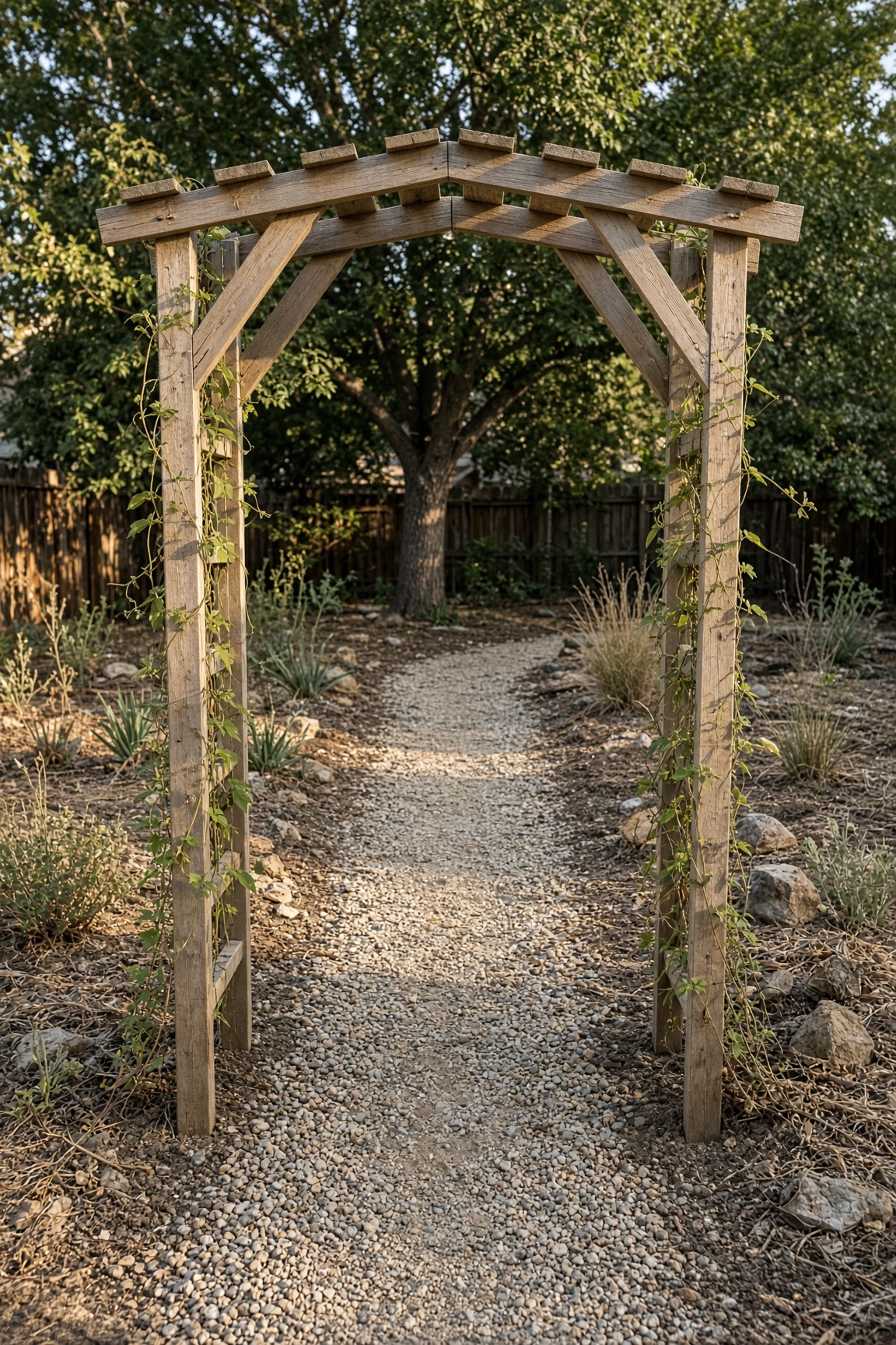 A finished wooden garden archway with vines climbing the sides, framing a gravel garden path