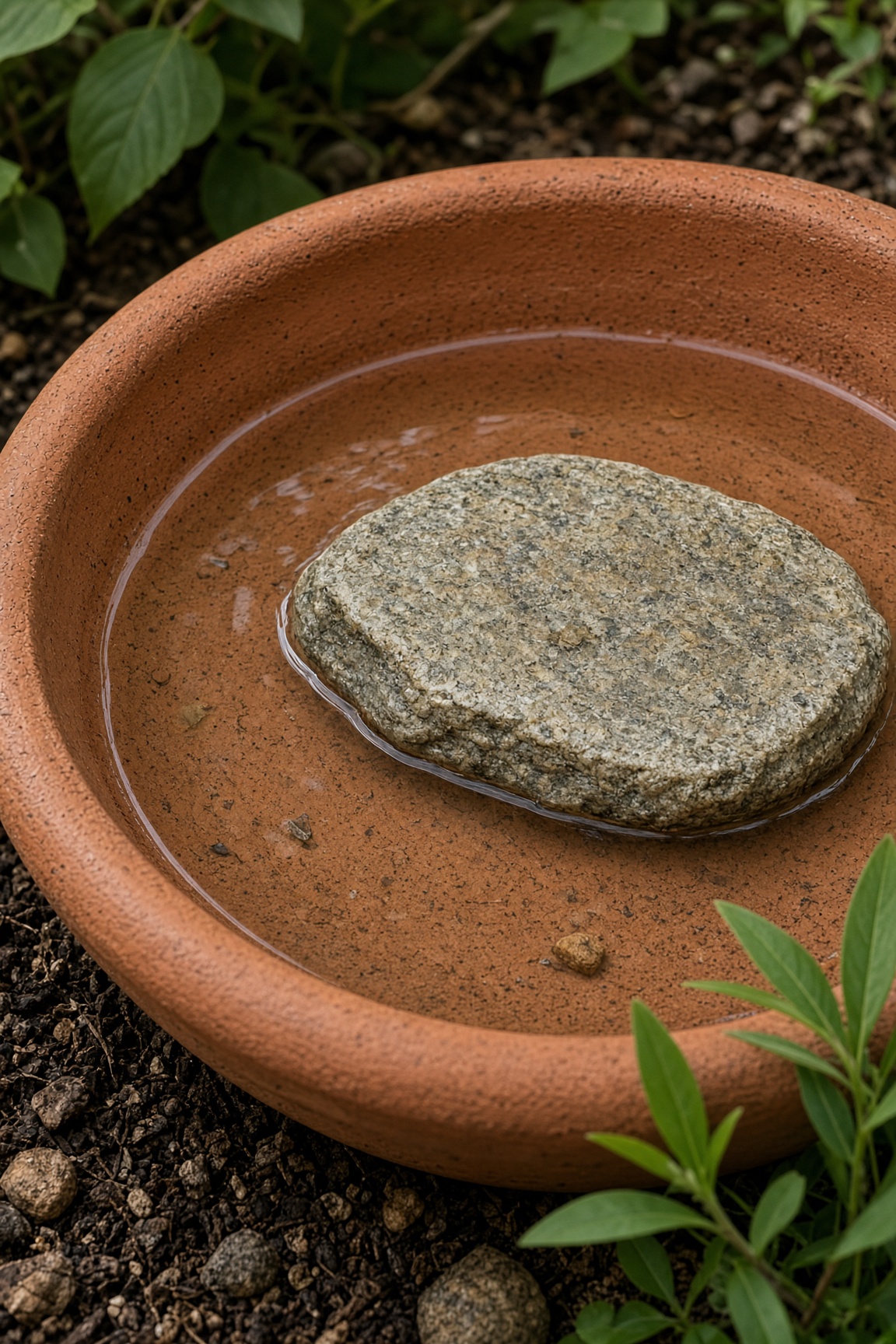 Close-up of a terracotta saucer with a flat stone in shallow water