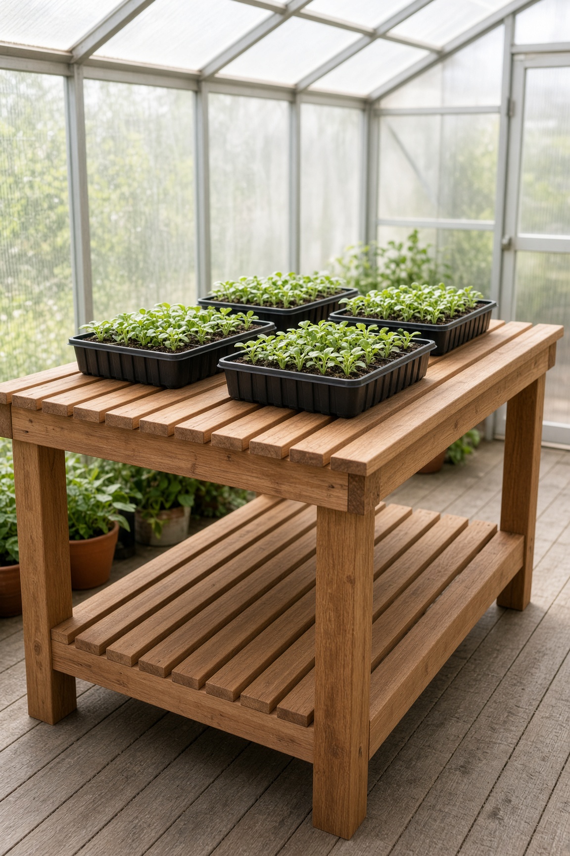 A sturdy wooden greenhouse bench with seedling trays on the slatted top
