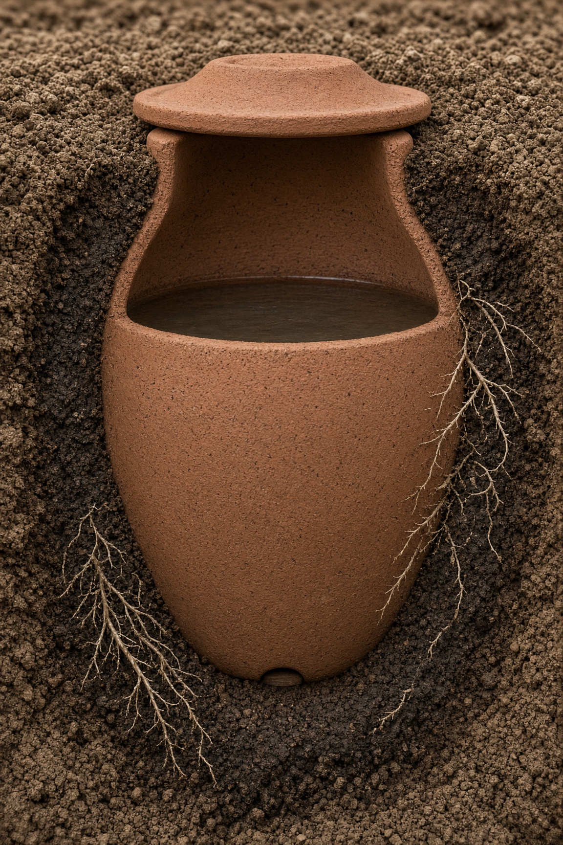 Cutaway view of an unglazed clay olla buried in soil with roots growing toward its porous walls