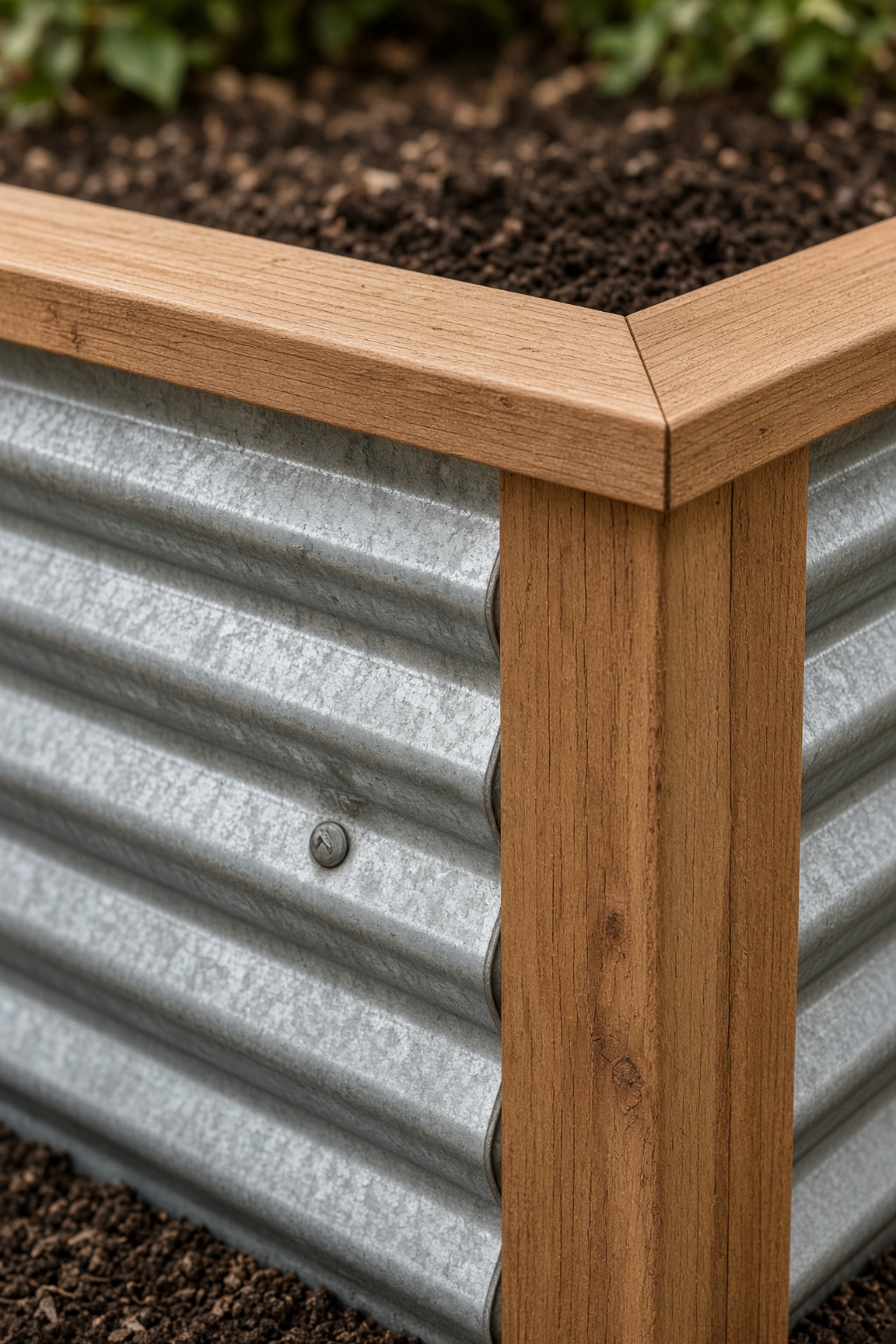 Close-up of a corrugated metal raised bed corner with wood cap and post