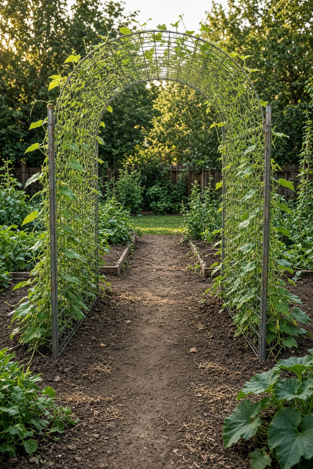 Cattle panel arch trellis forming a walkway tunnel over a garden path