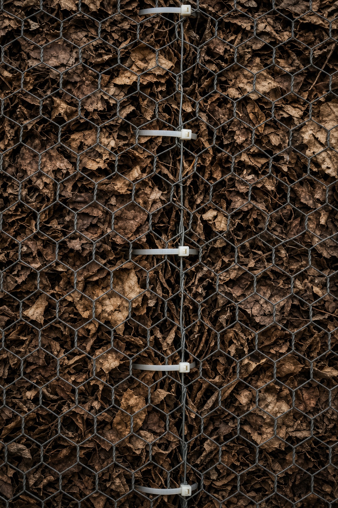 Close-up of chicken wire zip-tied around a pile of brown leaves