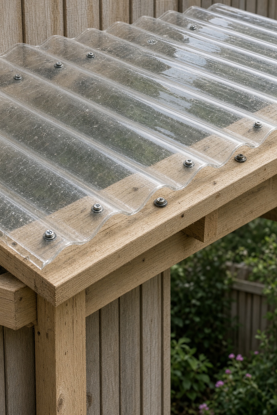 Close-up of a clear corrugated roof panel screwed to rafters with rubber-washer roofing screws