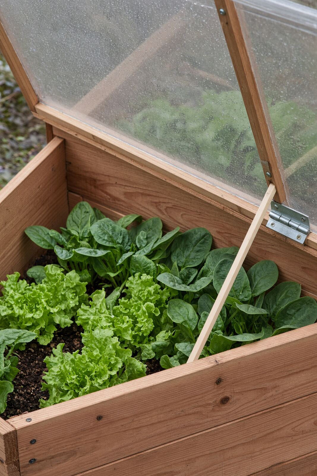 Close-up of lettuce and spinach growing inside a wooden cold frame with a prop stick holding the polycarbonate lid open